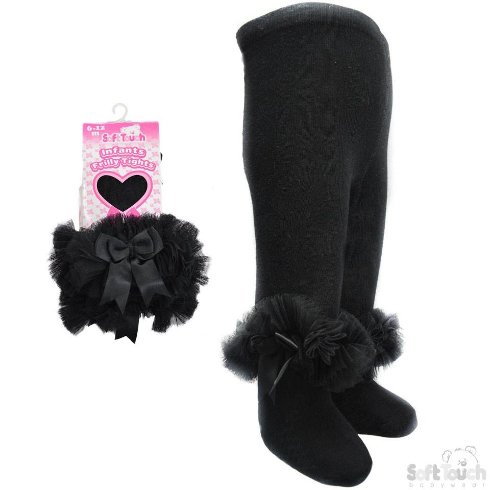 Black Frilly Gift Tights W/Organza Lace & Bow - 0-12 Months (GT62-BLK) - Kidswholesale.co.uk