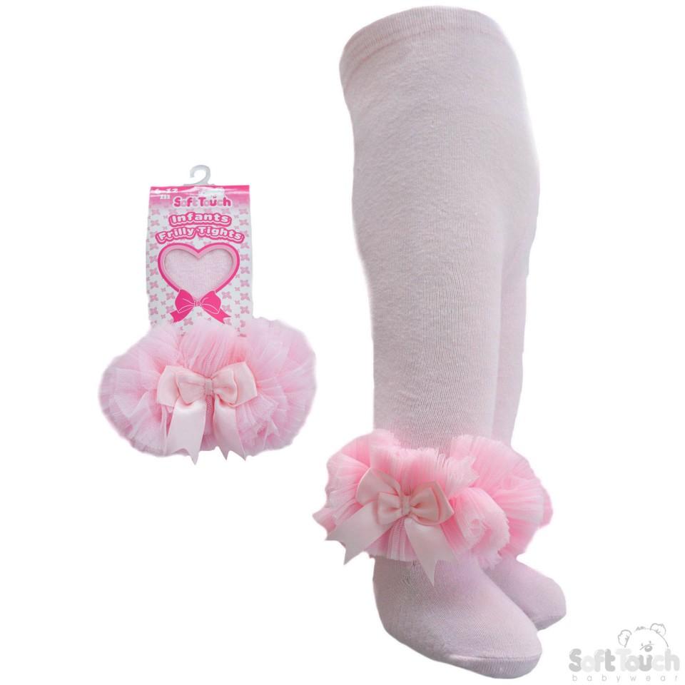 PinkFrilly Gift Tights W/Organza Lace & Bow - 0-12 Months (GT62-P) - Kidswholesale.co.uk