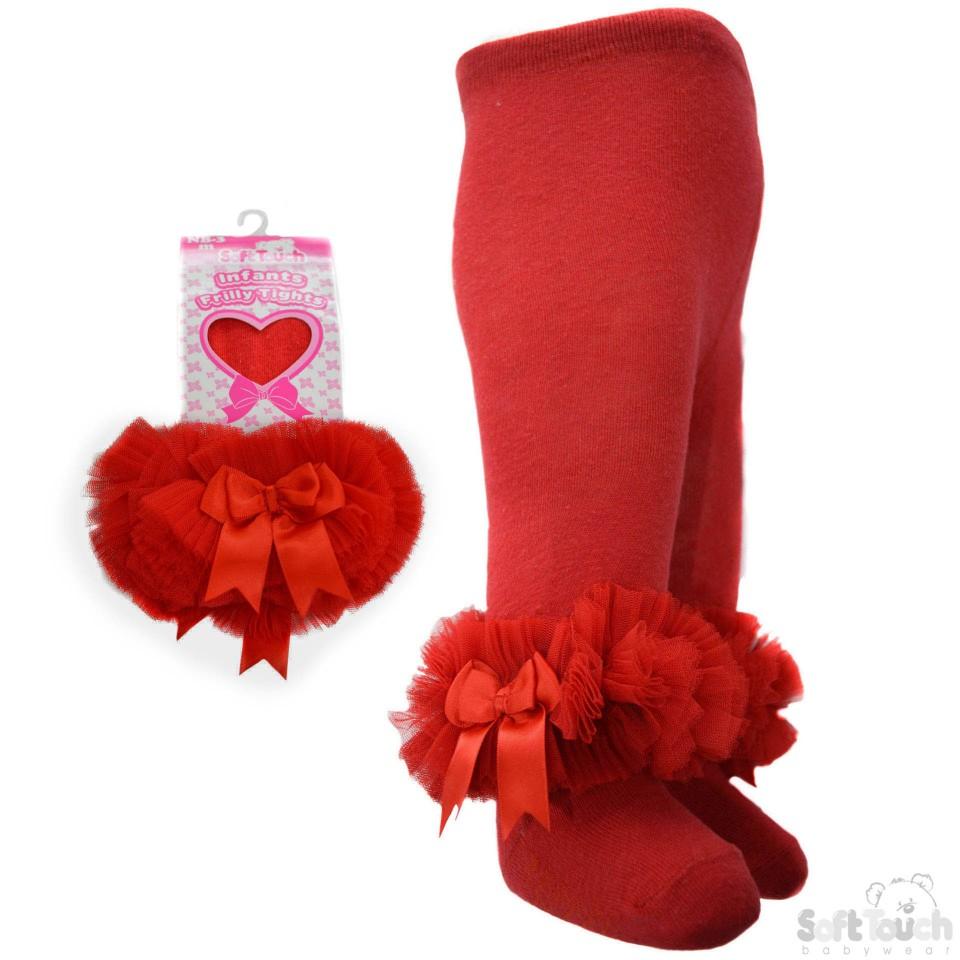 Red Frilly Gift Tights W/Organza Lace & Bow - 0-12 Months (GT62-R) - Kidswholesale.co.uk