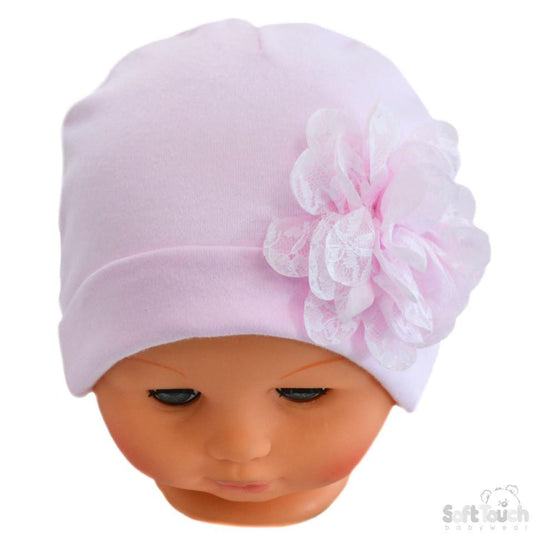 Plain Pink Hat W/Large Flower (0-18 Months)  H11-P - Kidswholesale.co.uk