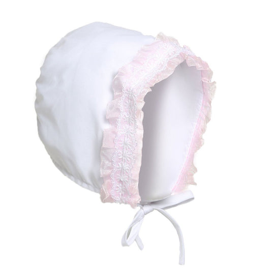 WHITE BONNET HAT W/LACE (6-12 MONTHS) H34 - Kidswholesale.co.uk