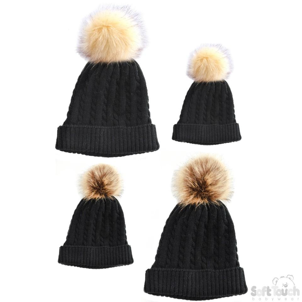 Mummy & Baby Cable Knit Hat W/Fluffy Pom-Pom -Black- NB-12M & Adult size (H502-BLK) - Kidswholesale.co.uk