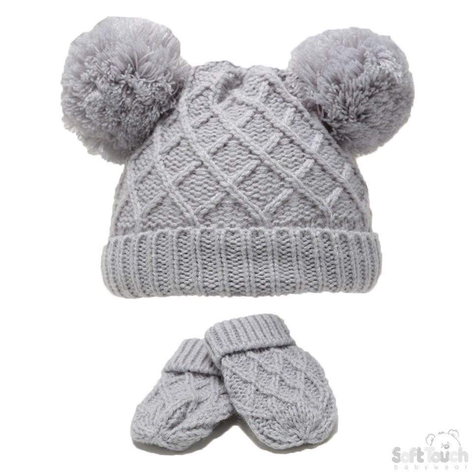 SMALL GREY 'DIAMOND' KNIT POM-POM HAT & MITTEN SET: H624-G-SM - Kidswholesale.co.uk