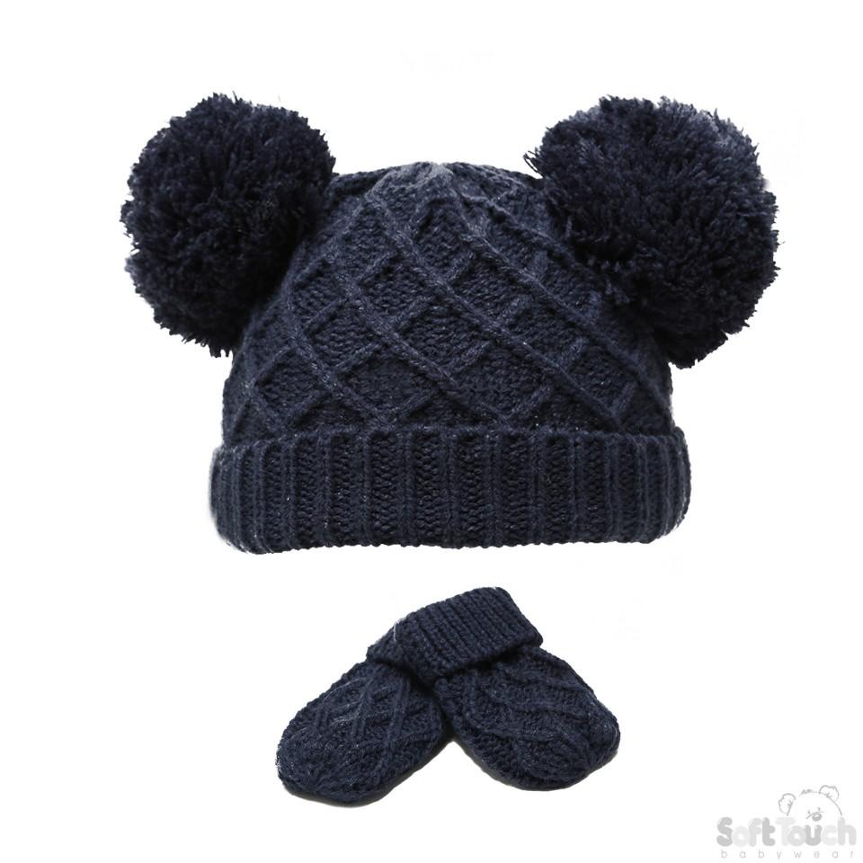 SMALL NAVY 'DIAMOND' KNIT POM-POM HAT & MITTEN SET: H624-N-SM - Kidswholesale.co.uk