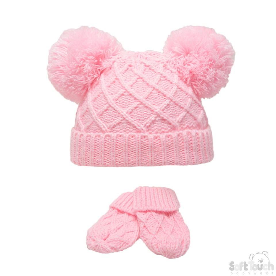 SMALL PINK 'DIAMOND' KNIT POM-POM HAT & MITTEN SET: H624-P-SM - Kidswholesale.co.uk