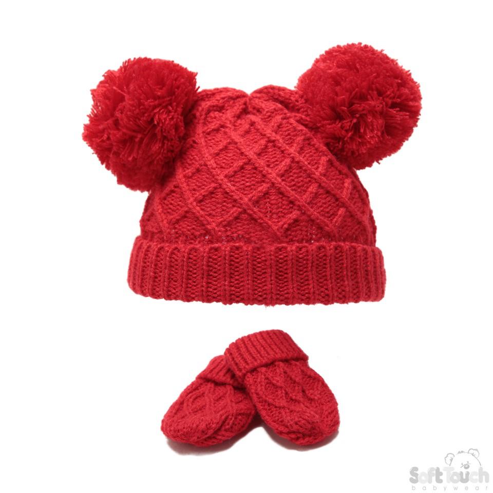 SMALL RED 'DIAMOND' KNIT POM-POM HAT & MITTEN SET: H624-R-SM - Kidswholesale.co.uk