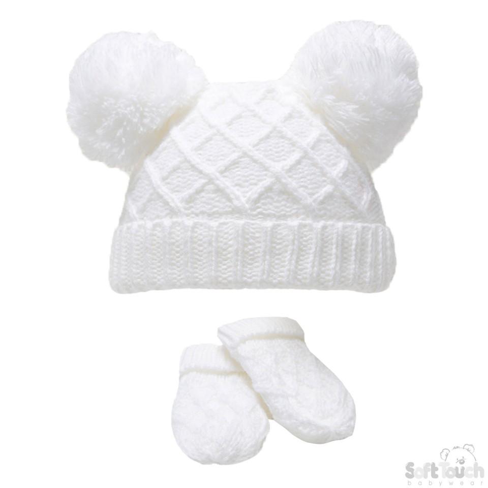 SMALL WHITE 'DIAMOND' KNIT POM-POM HAT & MITTEN SET: H624-W-SM - Kidswholesale.co.uk