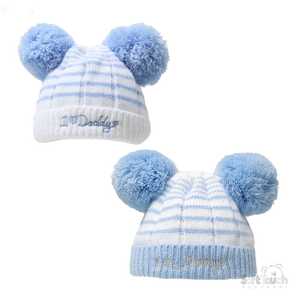 STRIPED BLUE HAT W/I LOVE MUMMY/DADDY EMBROIDERY & 2 POM-POMS (NB-6 Months) H628-B-SM - Kidswholesale.co.uk