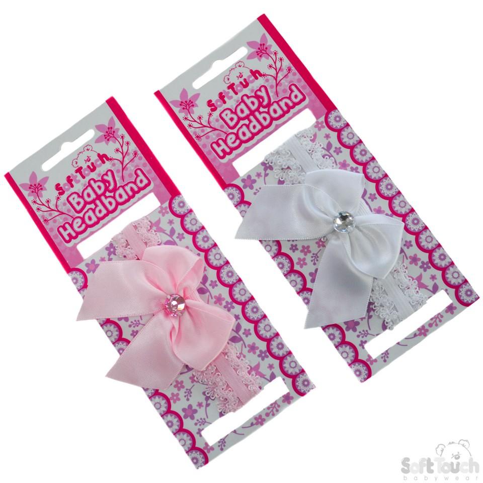 Lace Headband W/Satin Bow & Gem: HB42 - Kidswholesale.co.uk