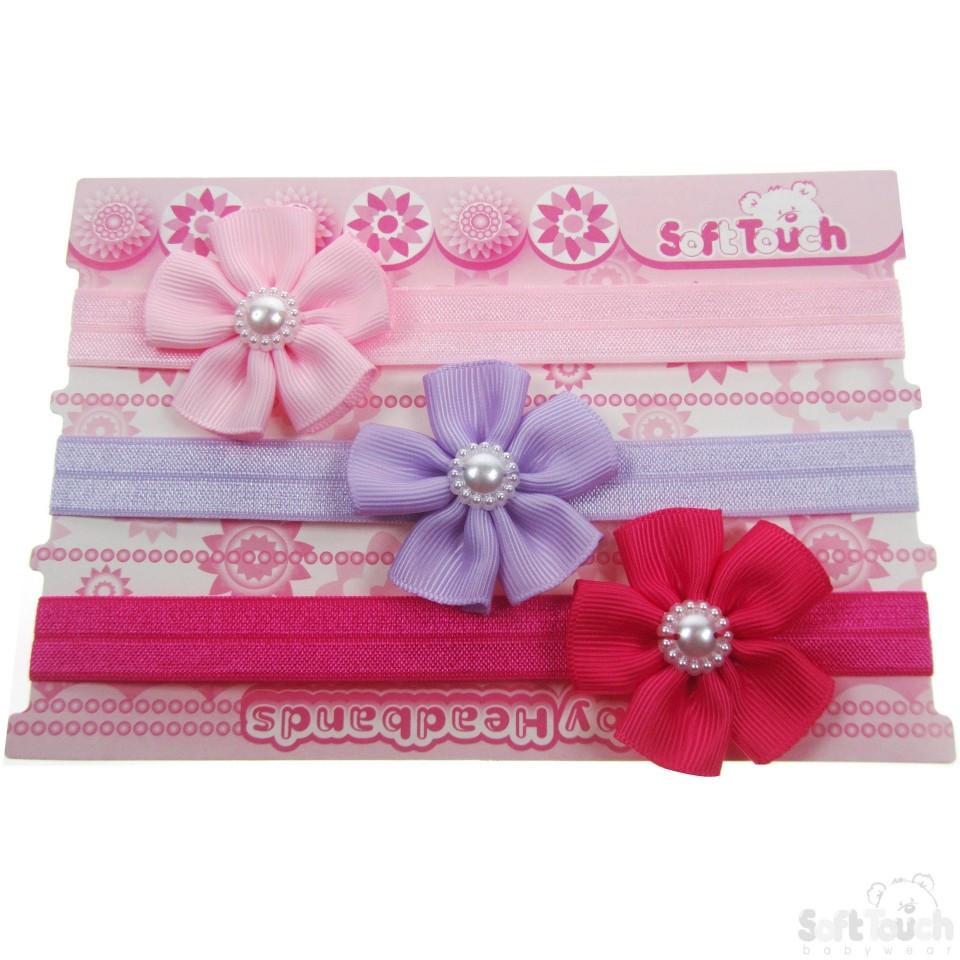 3 PACK GIRLS HEADBANDS W/FLOWER & PEARL: HB49 - Kidswholesale.co.uk