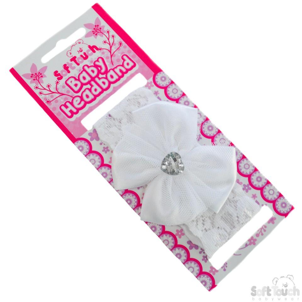 Lace Headband W/Bow & Gem: HB60-W - Kidswholesale.co.uk