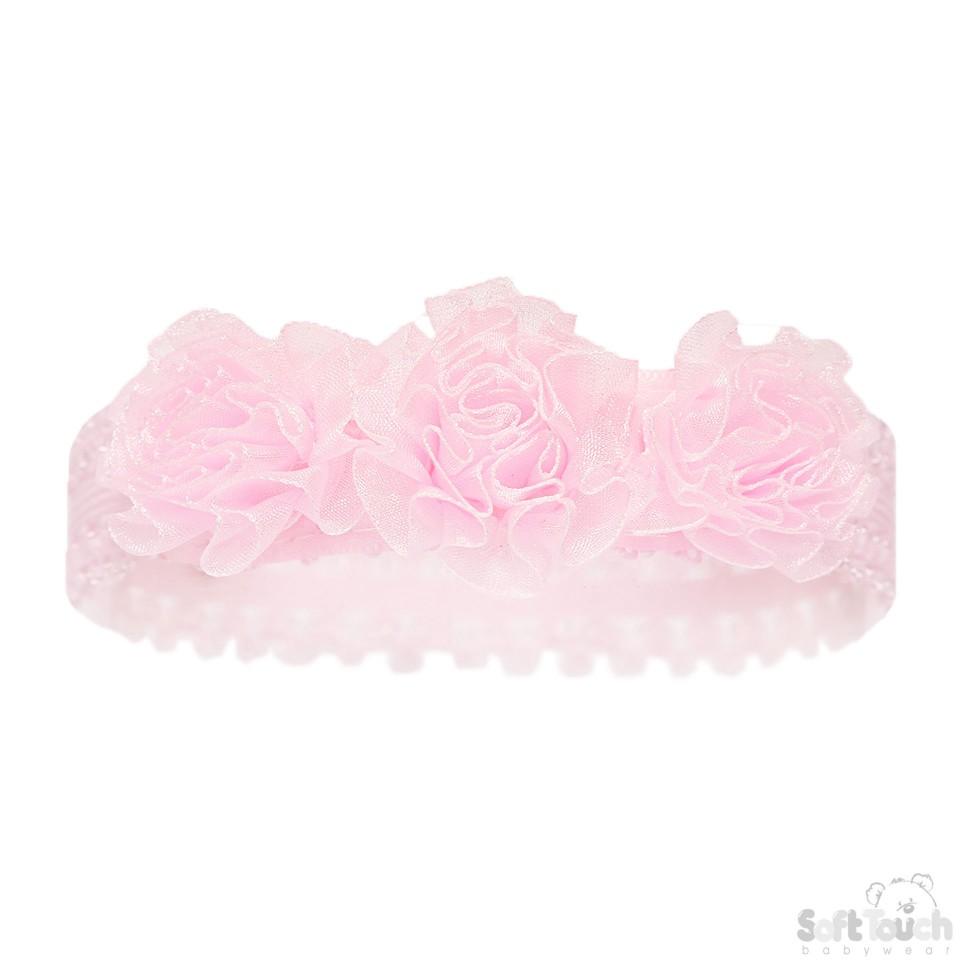 PINK LACE HEADBAND W/3 PINK FLOWERS - HB90-P - Kidswholesale.co.uk