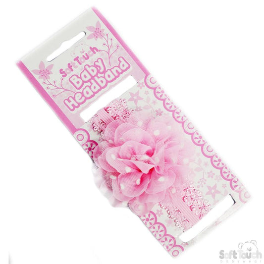 PINK LACE HEADBAND W/SPOTTY ORGANZA FLOWER HB94-P - Kidswholesale.co.uk