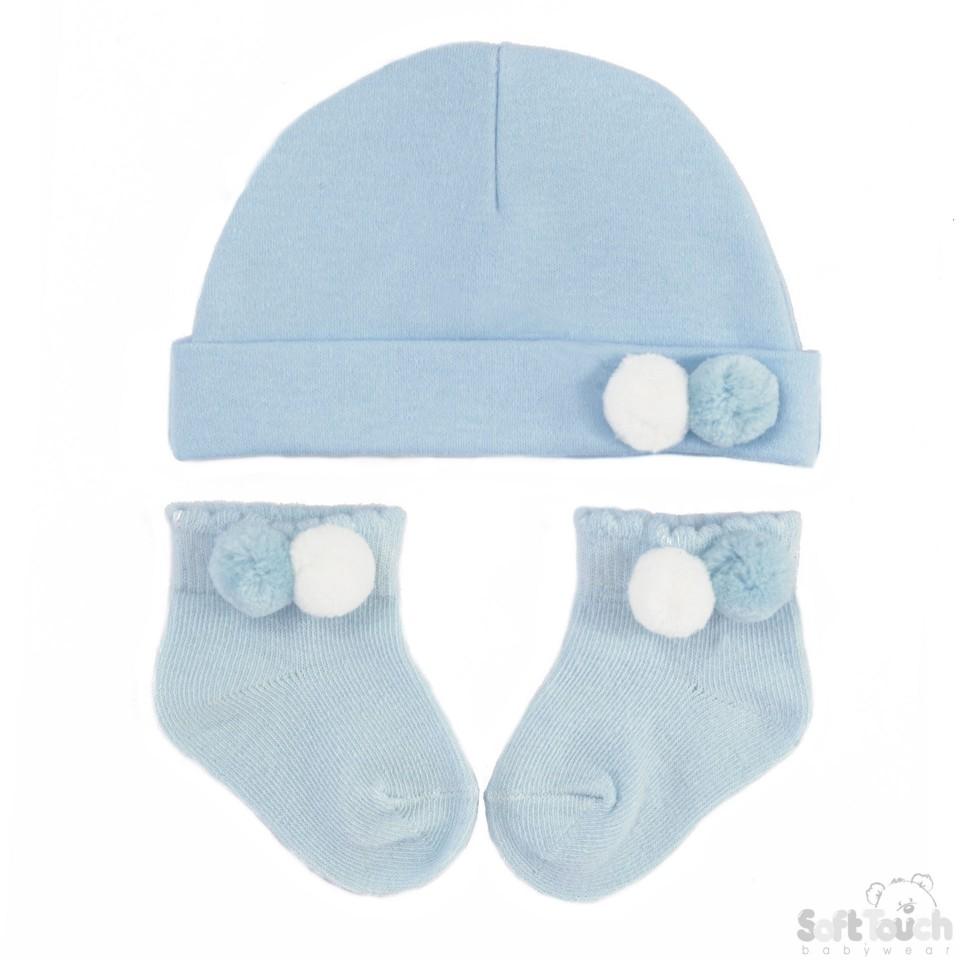 Hat & Socks Set W/2 Pom Poms HS106-B - Kidswholesale.co.uk