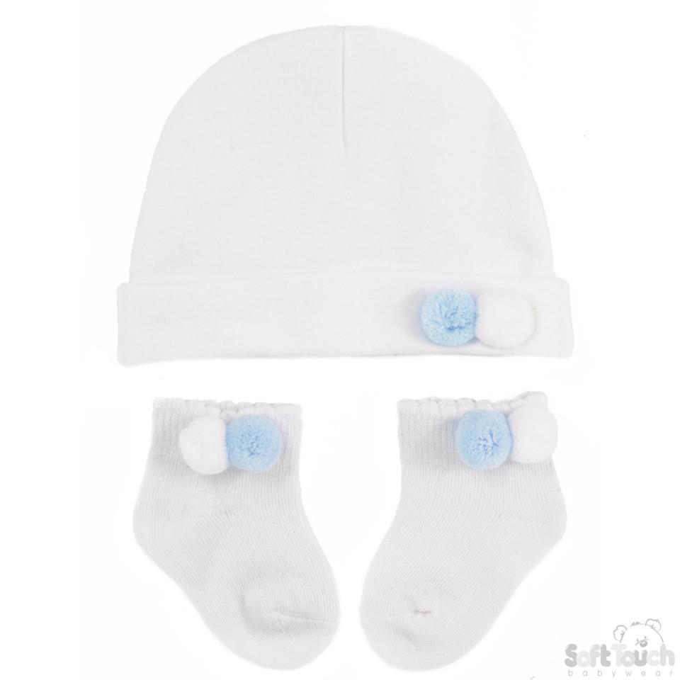Hat & Socks Set W/2 Pom Poms HS106-B - Kidswholesale.co.uk