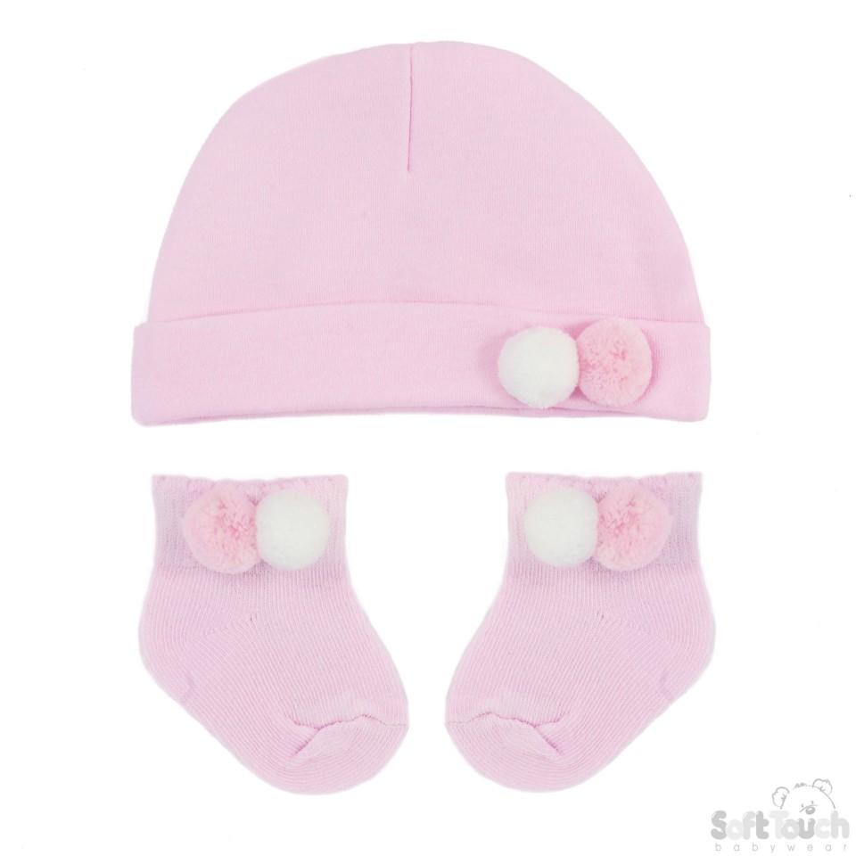 Hat & Socks Set W/2 Pom Poms HS106-P - Kidswholesale.co.uk