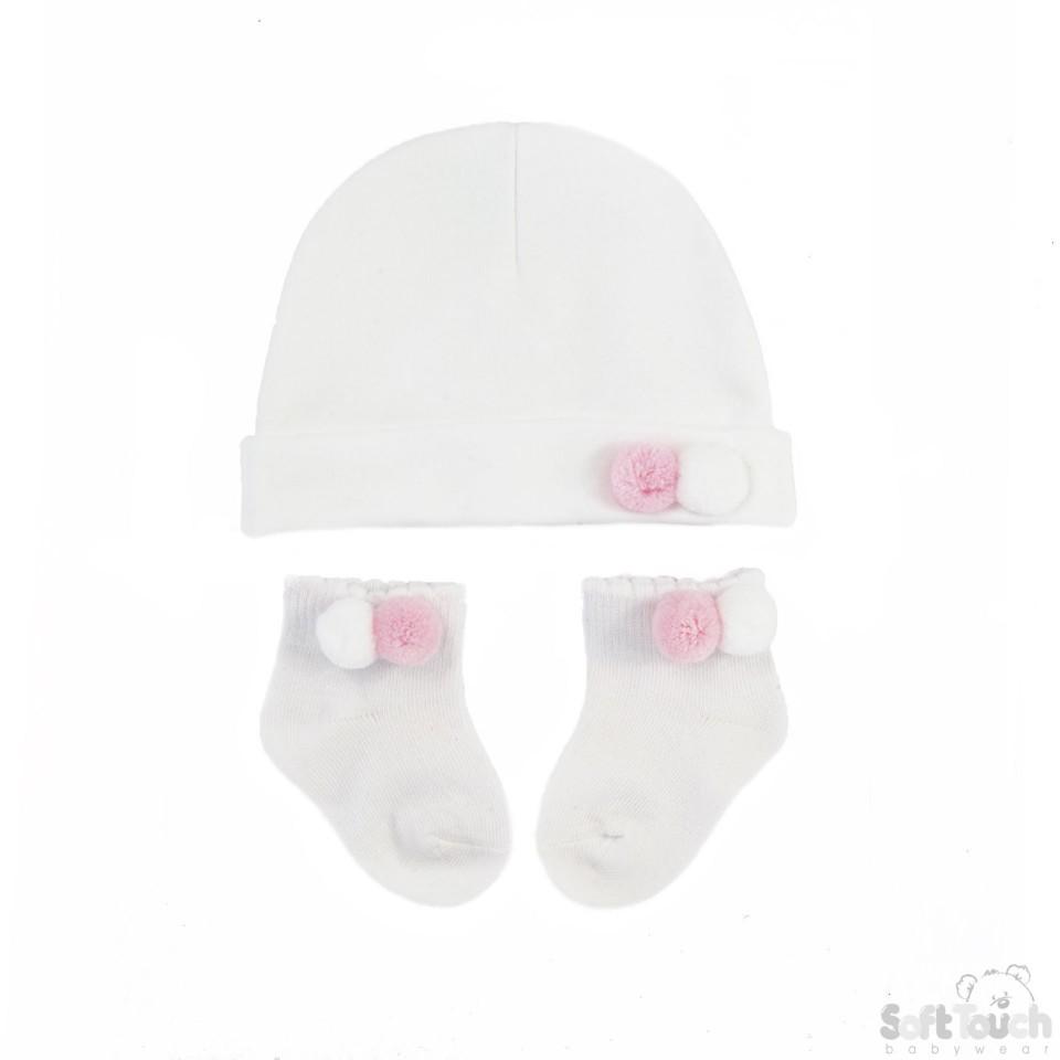 Hat & Socks Set W/2 Pom Poms HS106-P - Kidswholesale.co.uk