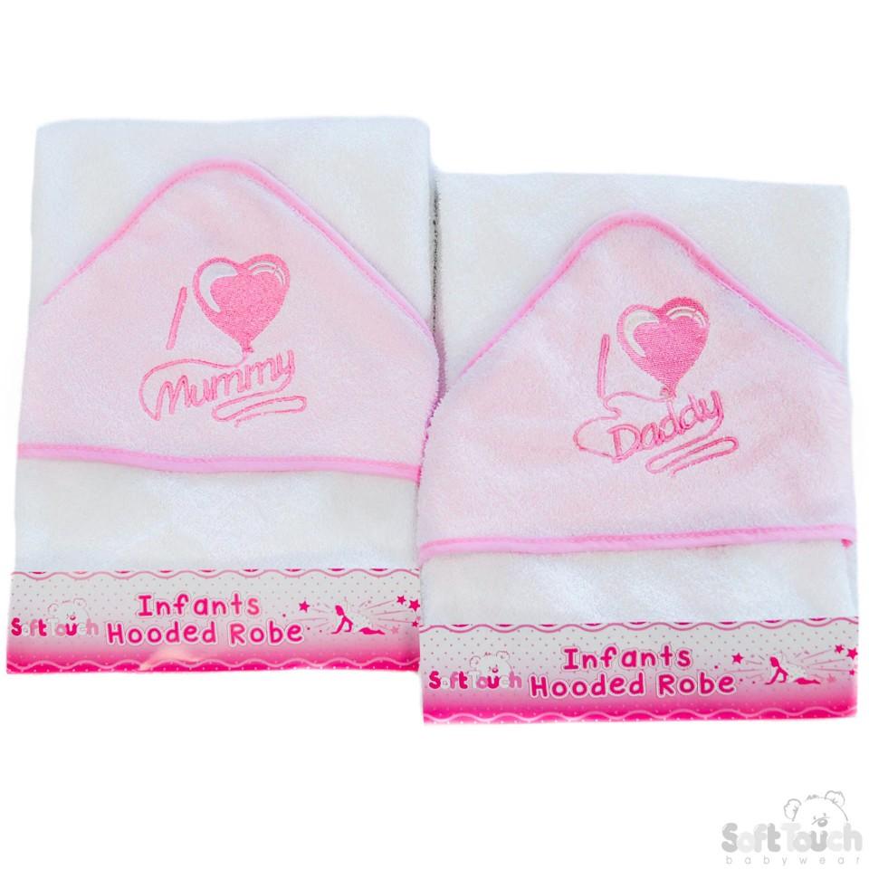 Infants "I Love Mummy/Daddy" Hooded Robe - Pink - HT14-P - Kidswholesale.co.uk