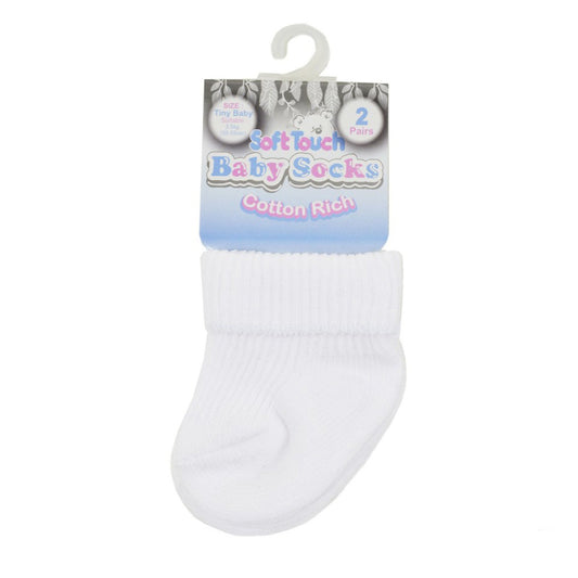 2 PAIR SET white RIBBED TINY BABY SOCKS (PREMATURE TURNOVER SOCKS) PRS03-W - Kidswholesale.co.uk