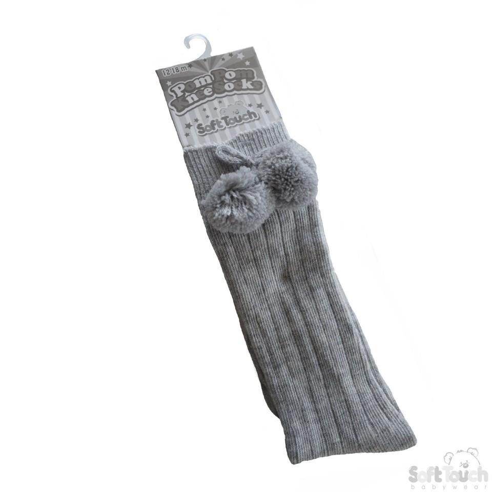 Children's Ribbed Knee-Length Pom Pom Socks - Grey (12-24 Months) S108-G - Kidswholesale.co.uk