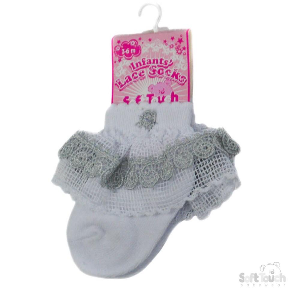 Waffle Lace Socks W/Grey Flower Trim (NB-12 Months) S117-G - Kidswholesale.co.uk