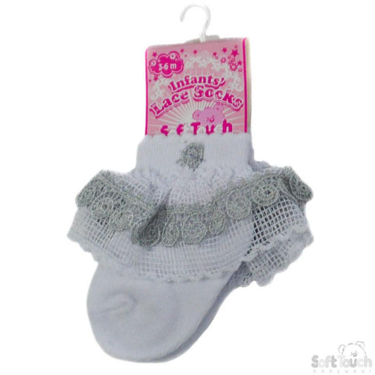Waffle Lace Socks W/Grey Flower Trim (NB-12 Months) S117-G - Kidswholesale.co.uk
