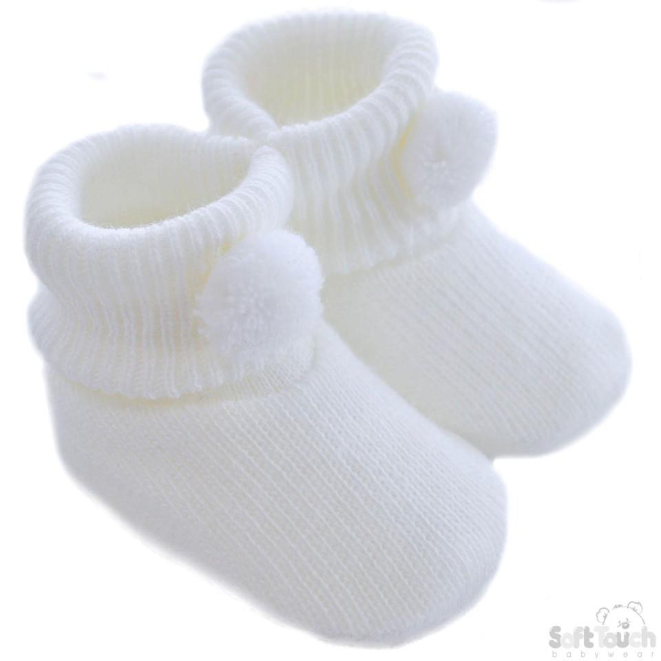 Acrylic Pom-Pom Baby Bootees White - S408-W - Kidswholesale.co.uk