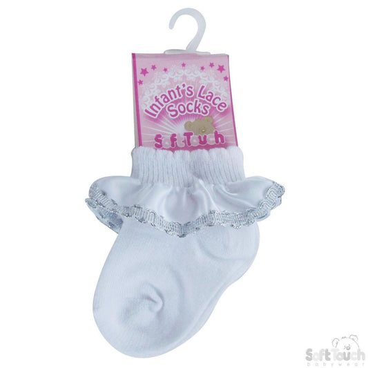 PLAIN SOCKS W/SATIN & SILVER TRIM: S52-W - Kidswholesale.co.uk