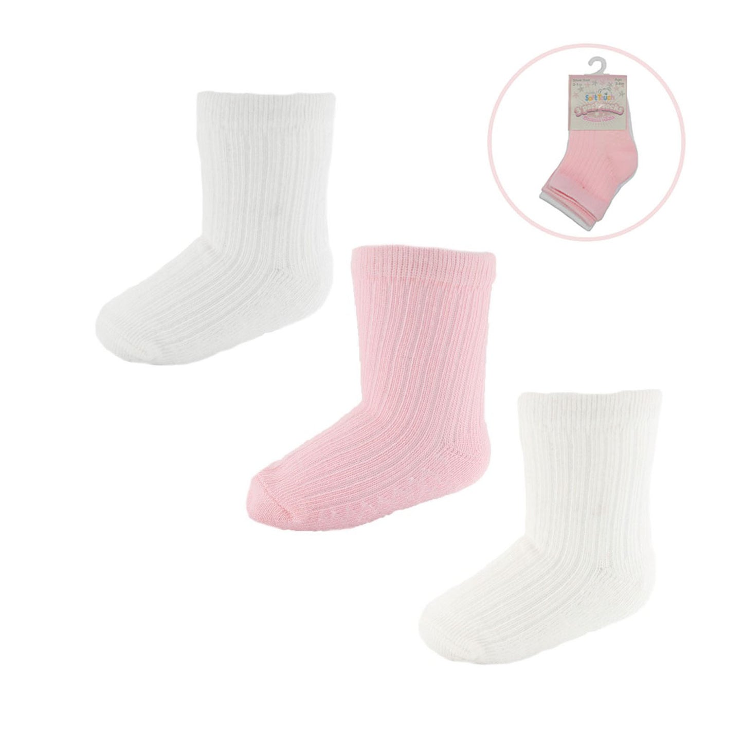 PINK/WHITE/CREAM 3 PACK RIBBED SOCKS (NB-12 Months) S82-P