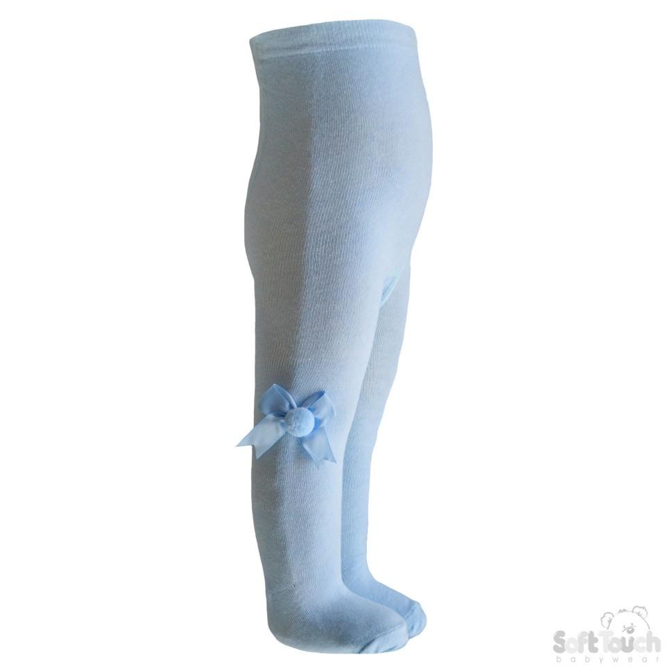 Plain Blue Tights With Matching Bow And Pom Pom - NB-24M- T41-B - Kidswholesale.co.uk