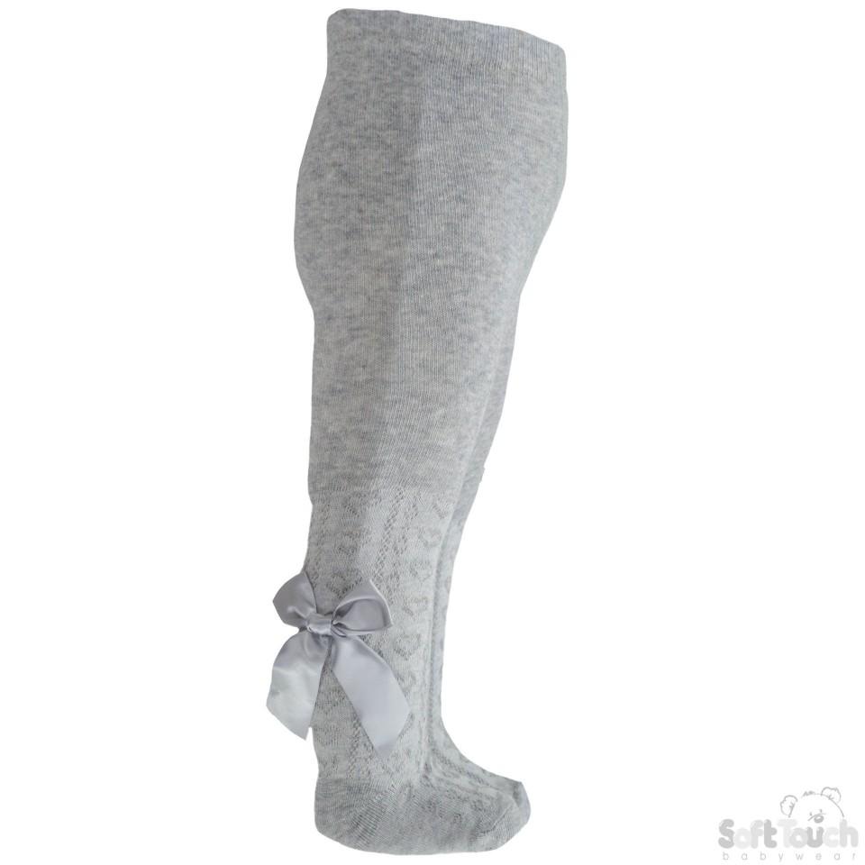 Girls Grey Hearts Jacquard Tights W/Long Bow - 2-5 Years - T51-G - Kidswholesale.co.uk