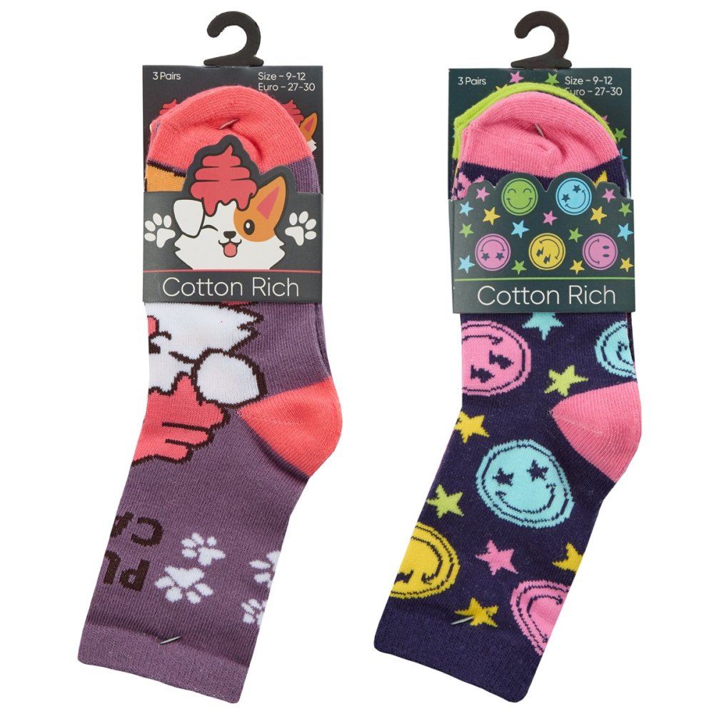 Girls 3 Pack Cotton Rich Design Ankle Socks (PK 12) 43B871