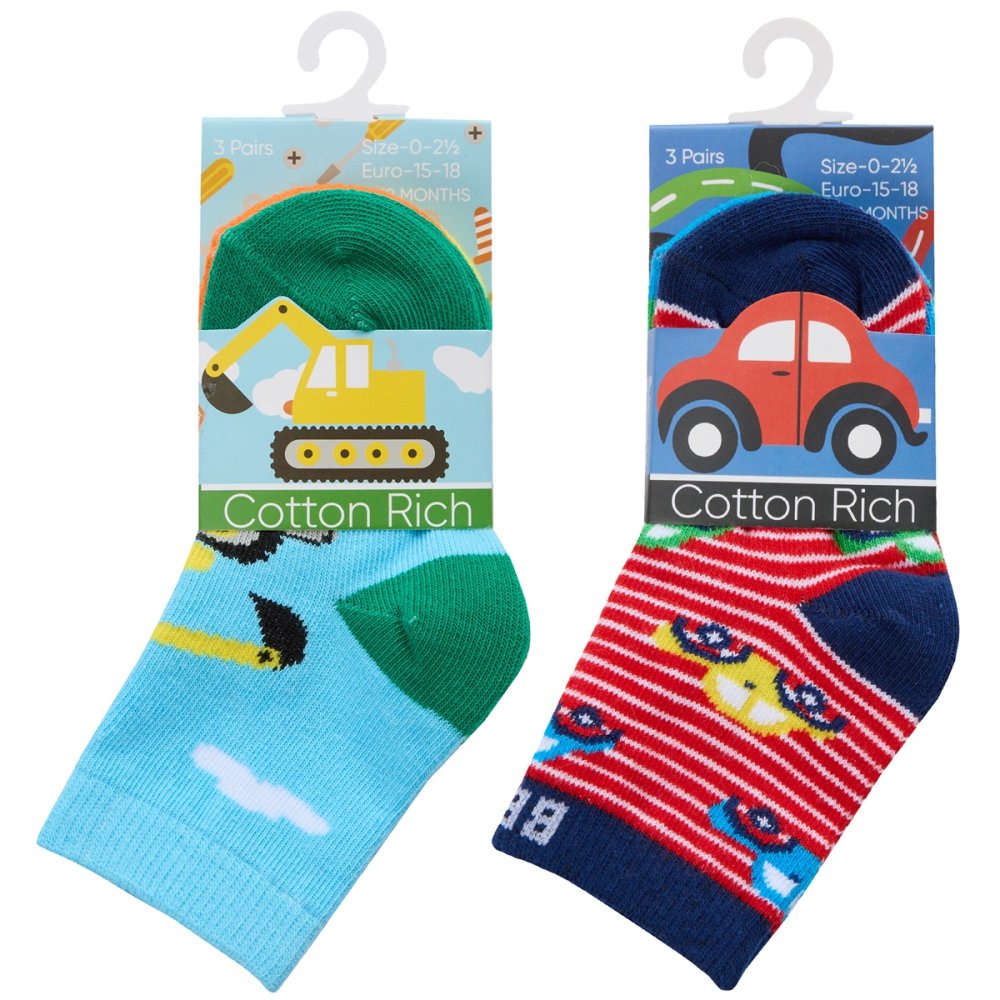 Baby Boys 3 Pack Cotton Rich Ankle Socks - Cars (0-5.5) (PK12) 44B1003