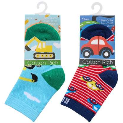 Baby Boys 3 Pack Cotton Rich Ankle Socks - Cars (0-5.5) (PK12) 44B1003