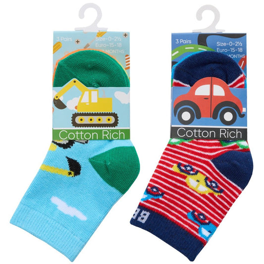 Baby Boys 3 Pack Cotton Rich Ankle Socks - Cars (0-5.5) (PK12) 44B1003