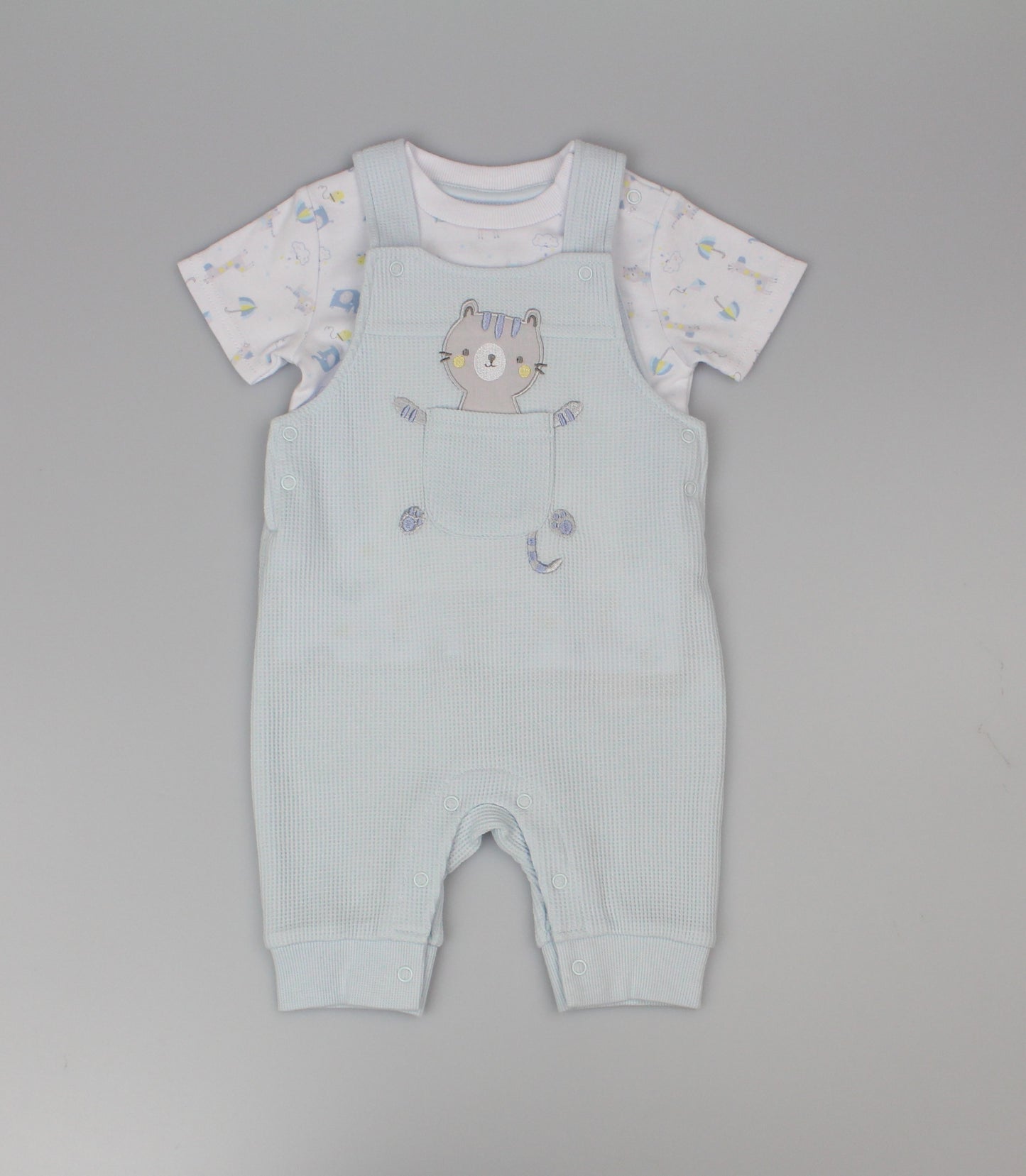2pc Waffle Dungaree & T-Shirt Set - Safari/Blue (PK6) - J13952