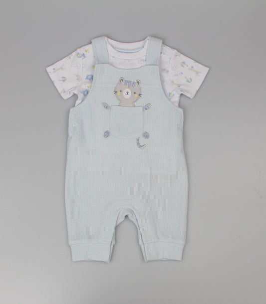 2pc Waffle Dungaree & T-Shirt Set - Safari/Blue (PK6) - J13952