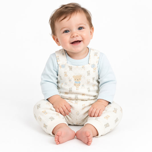 Baby Boys 2pc Waffle Dungaree Set - Tiny Teddies (PK6) (0-9m) N14754