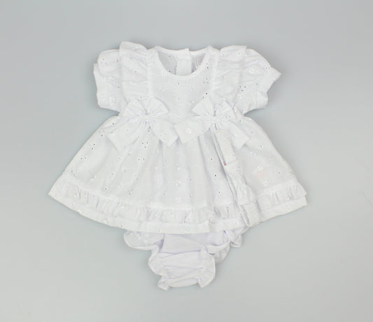 3pc Baby Girls Dress Set - White Double Bow (NB-6m) (PK6) - K14233