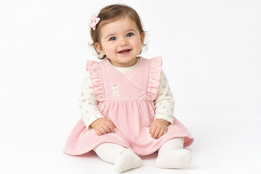 Baby Girls 3pc waffle Pinafore set - Pink (PK6) (0-9m) N14756