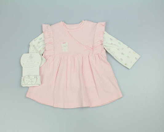 Baby Girls 3pc waffle Pinafore set - Pink (PK6) (0-9m) N14756