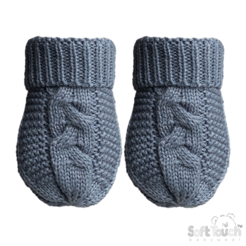 DUSTY BLUE INFANTS RECYCLED ACRYLIC CABLE KNIT MITTENS - (NB-12 Months) (PK6) EBM800-DB