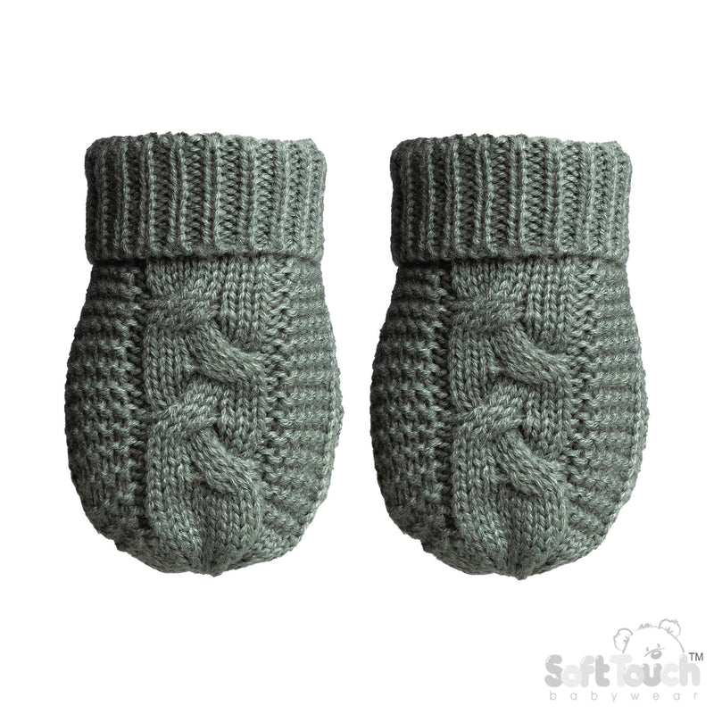 SAGE GREEN INFANTS RECYCLED ACRYLIC CABLE KNIT MITTENS - (NB-12 Months) (PK6) EBM800-SG