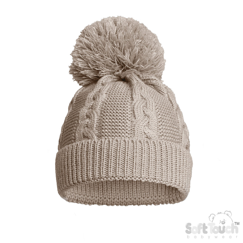 Infant Recycled Acrylic Cable Knit Pom Pom Hat - Biscuit (NB-12m) (PK6) EH800-BI
