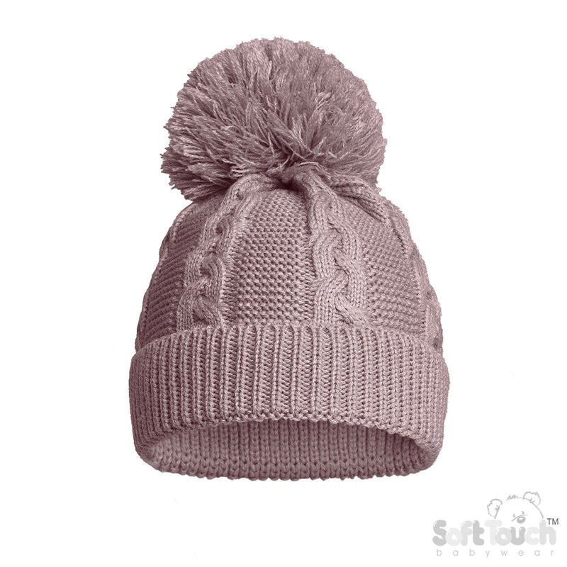 Infant Recycled Acrylic Cable Knit Pom Pom Hat - Dusty Pink (NB-12m) (PK6) EH800-DP