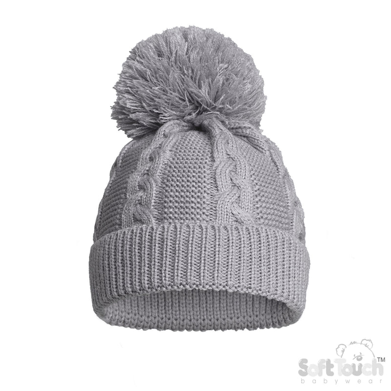 Infant Recycled Acrylic Cable Knit Pom Pom Hat - Grey (NB-12m) (PK6) EH800-G