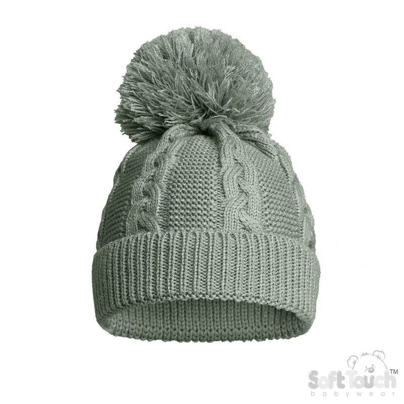Infant Recycled Acrylic Cable Knit Pom Pom Hat - Sage Green (NB-12m) (PK6) EH800-SG