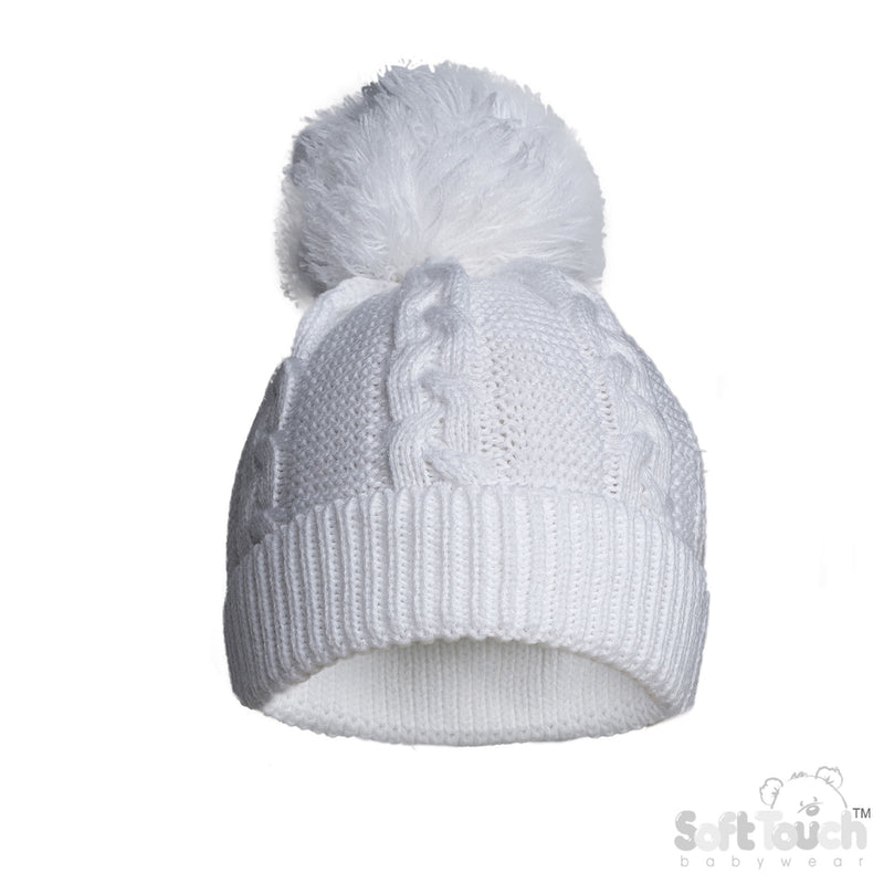 Infant Recycled Acrylic Cable Knit Pom Pom Hat - White (NB-12m) (PK6) EH800-W