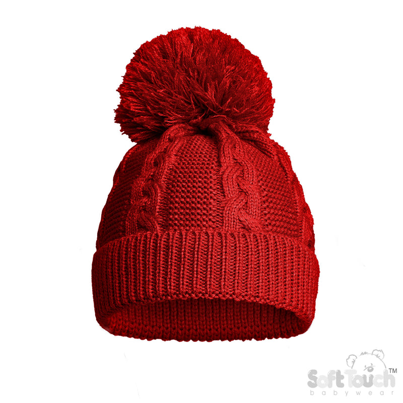 Infant Recycled Acrylic Cable Knit Pom Pom Hat - Red (12-24m) (PK6) H802-R