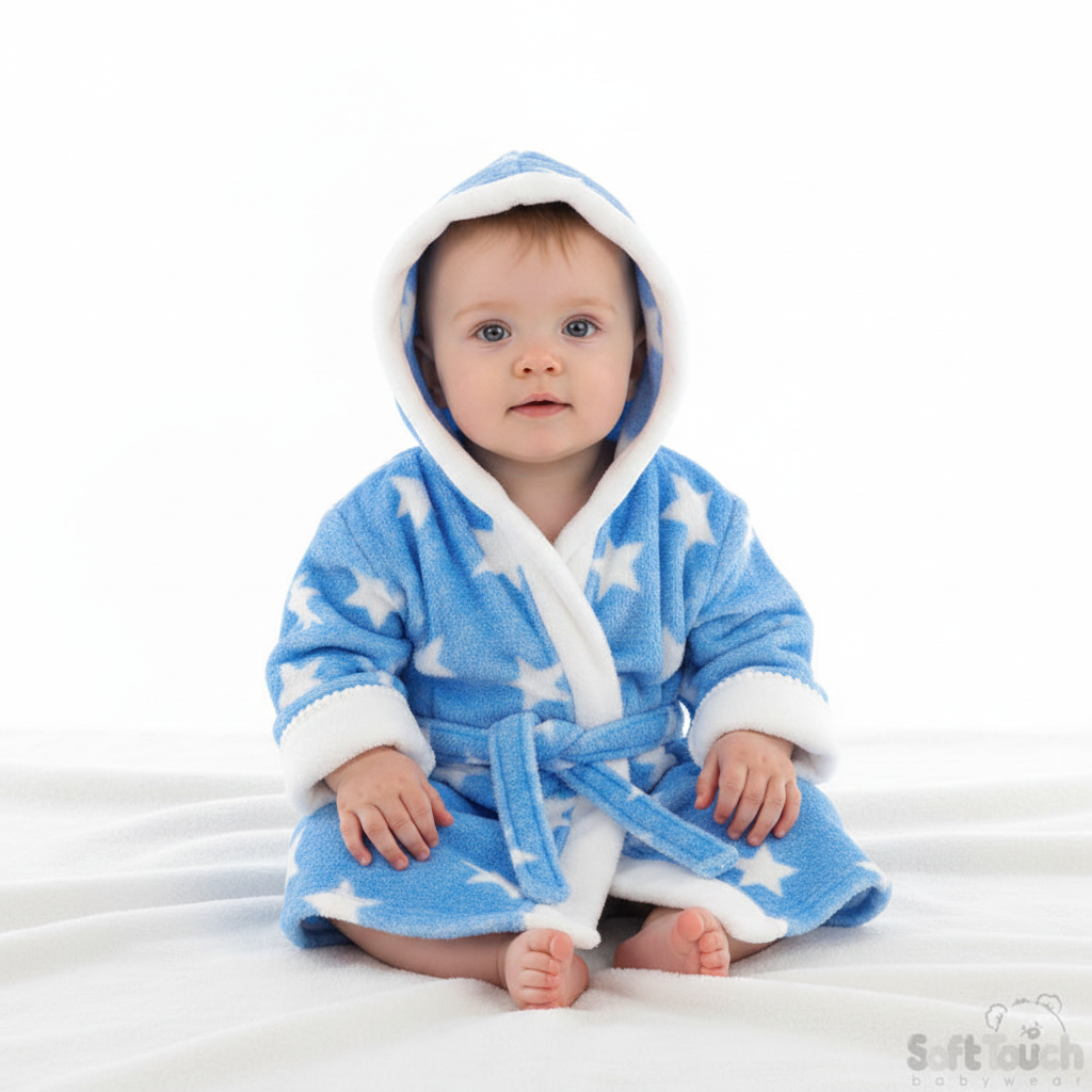 BLUE 'STAR' PRINTED CORAL HOODED ROBE WITH WHITE TRIM- 4FBR40-BP